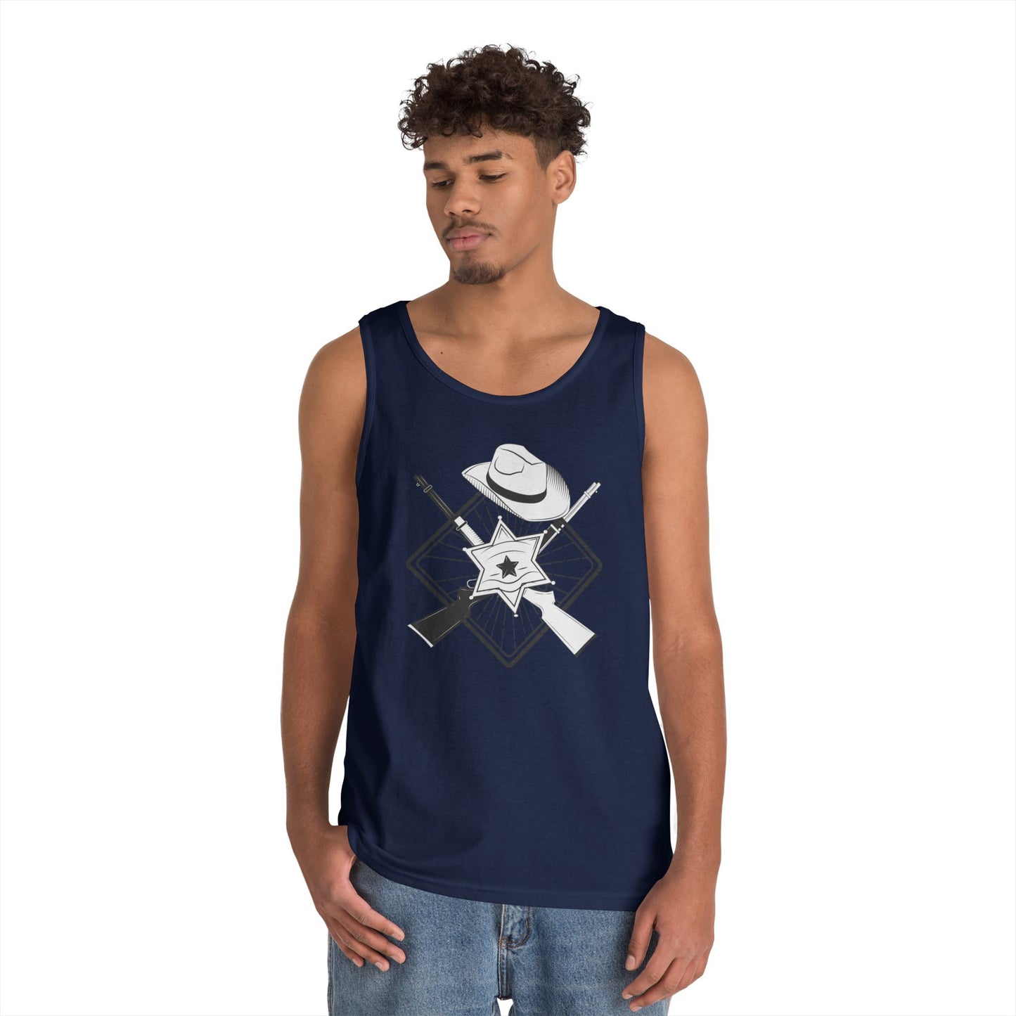 Unisex Heavy Cotton Tank Top - Vintage Cowboy w Rifles and Hat