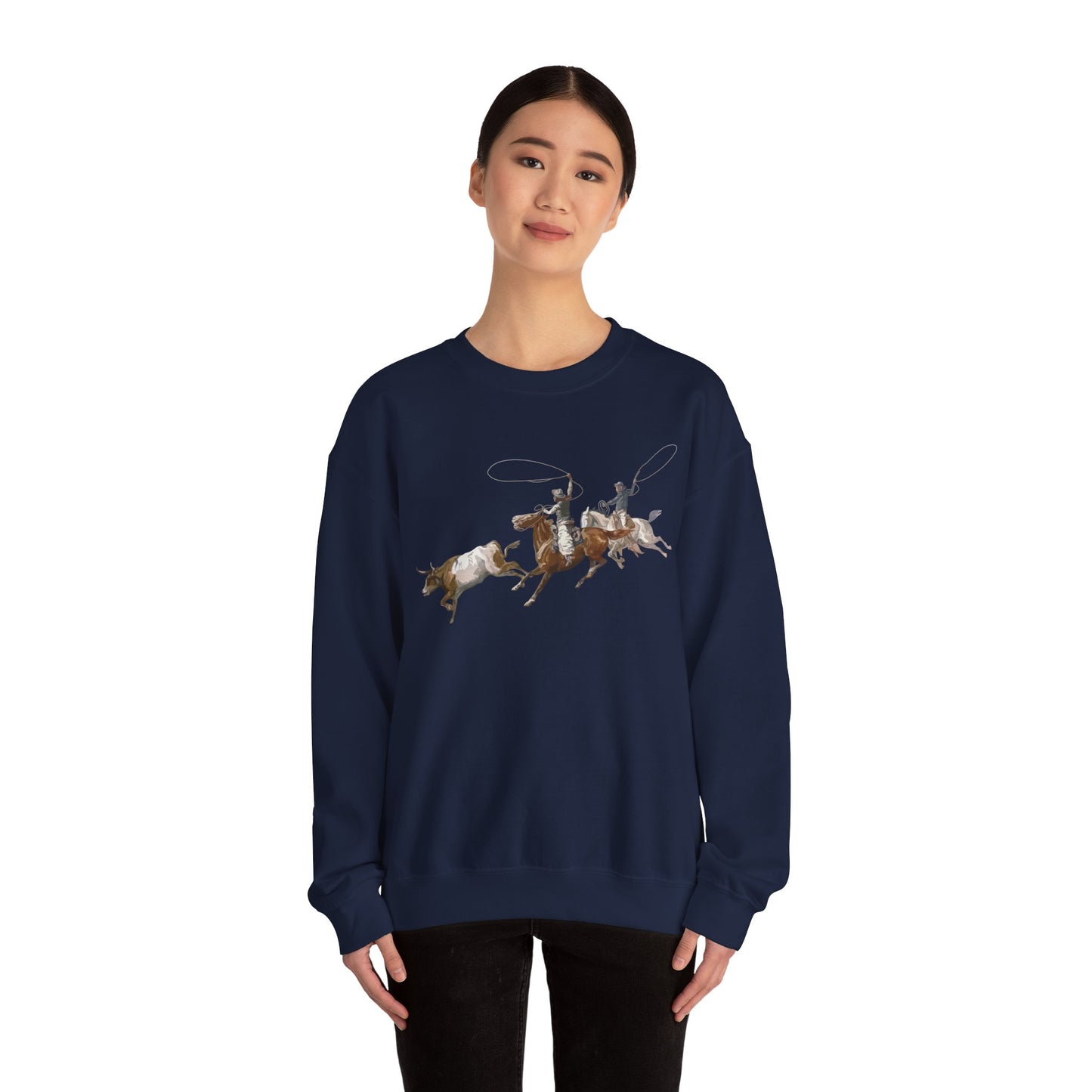 Crewneck Sweatshirt - 2 Cowboys Roping 1 Longhorn X 300