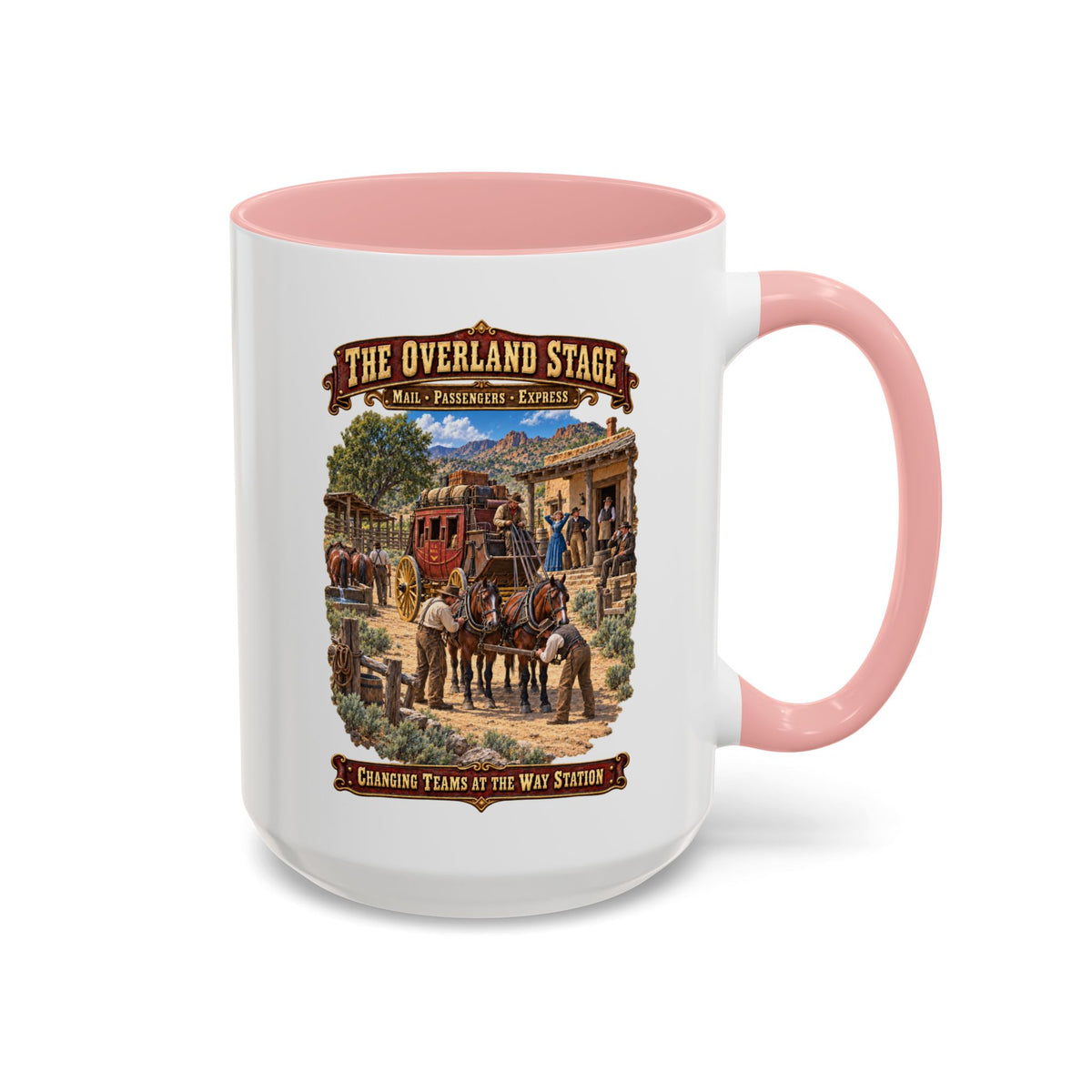 Accent Coffee Mug (11, 15oz) - Overland Stage - Changing Teams at the Way Station - 3D - Enhanced