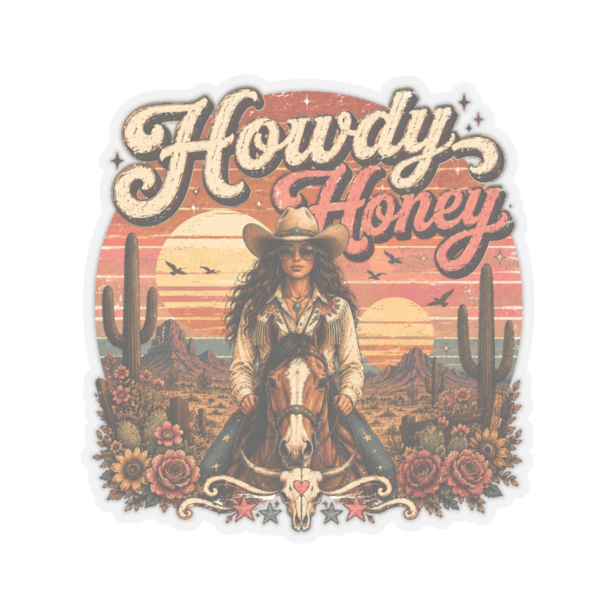 Kiss-Cut Sticker — Howdy honey cowgirl sunset vibes