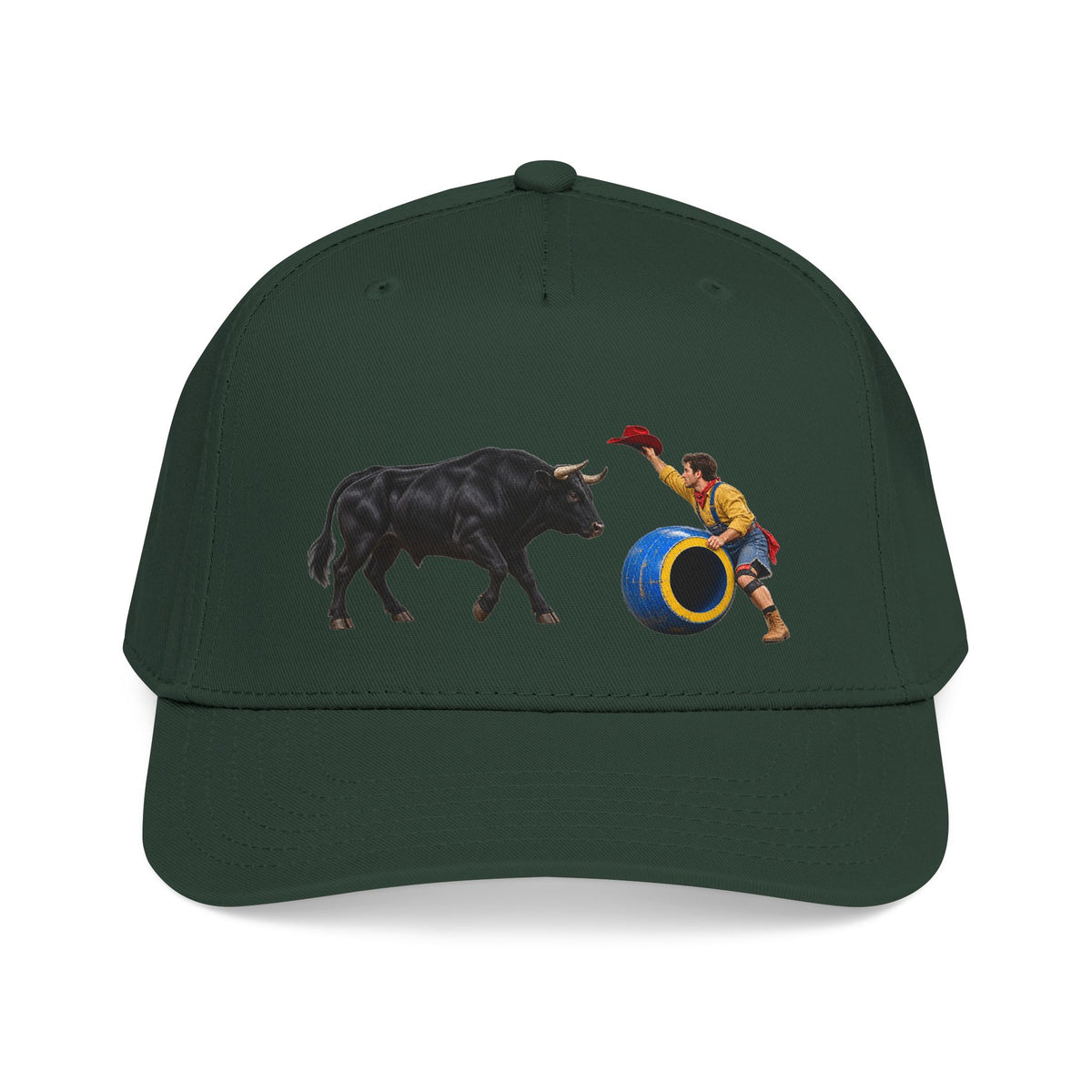 Mid Profile Baseball Cap — Cowboys - Clown Teasing Bull, Barrel - 3D Transparent
