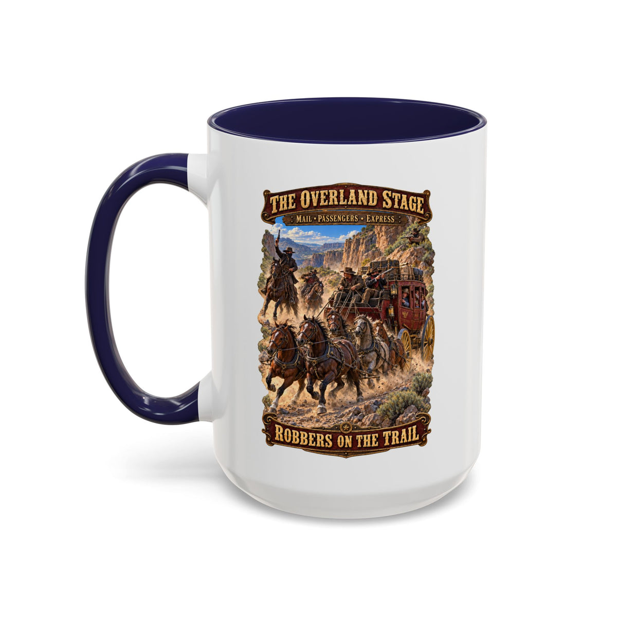 Accent Coffee Mug (11, 15oz) - Overland Stage - Robbers on the Trail - 3D - Enhanced