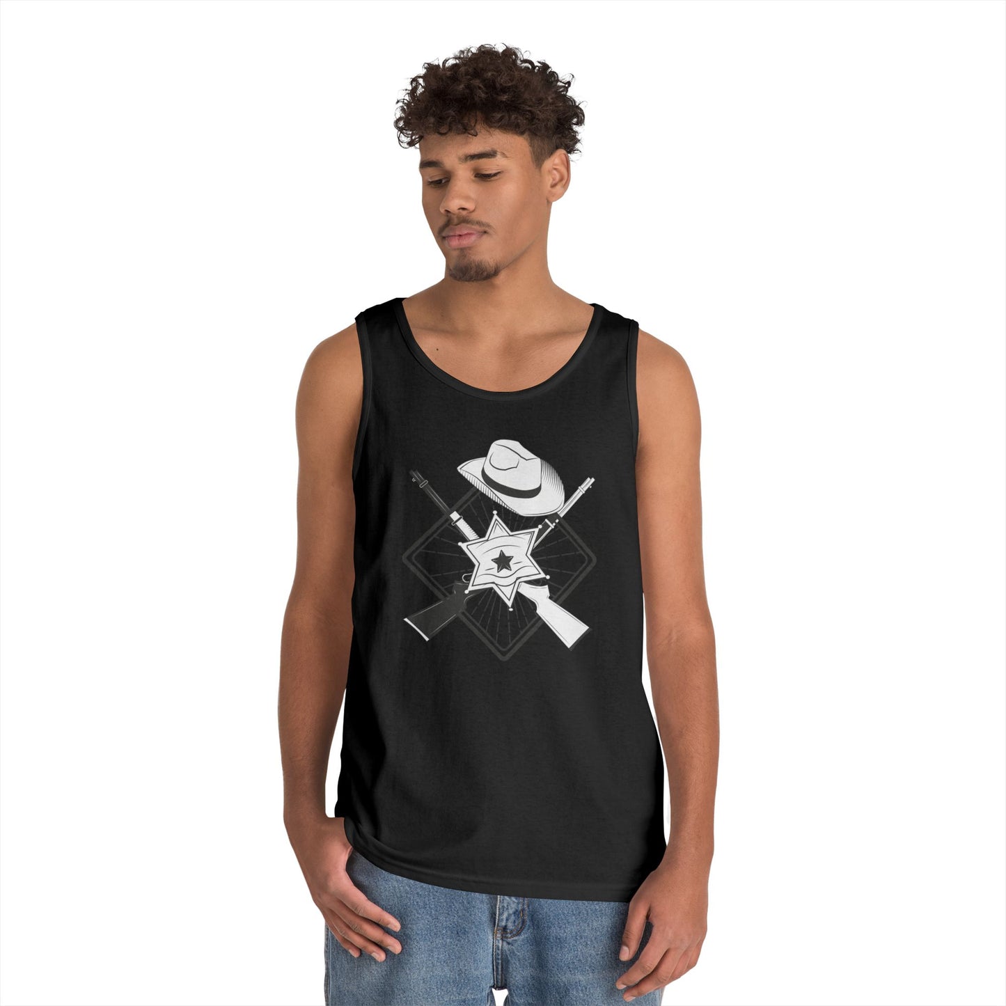 Unisex Heavy Cotton Tank Top - Vintage Cowboy w Rifles and Hat