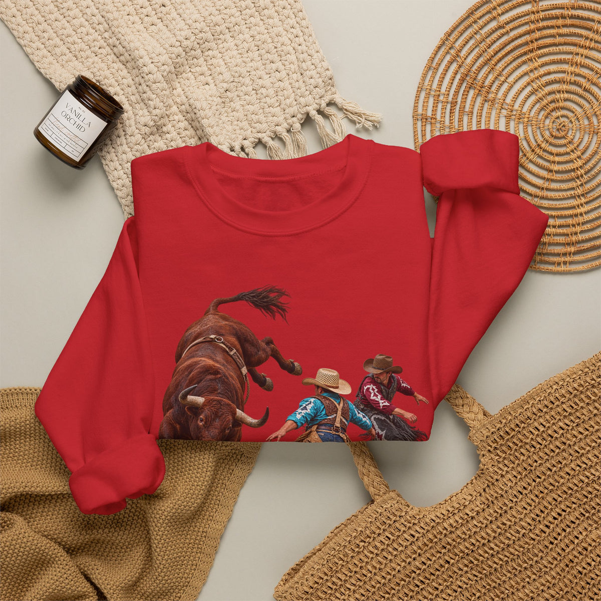Crewneck Sweatshirt - Cowboys - Clowns and Brown Bull - without Text - 3D Transparent