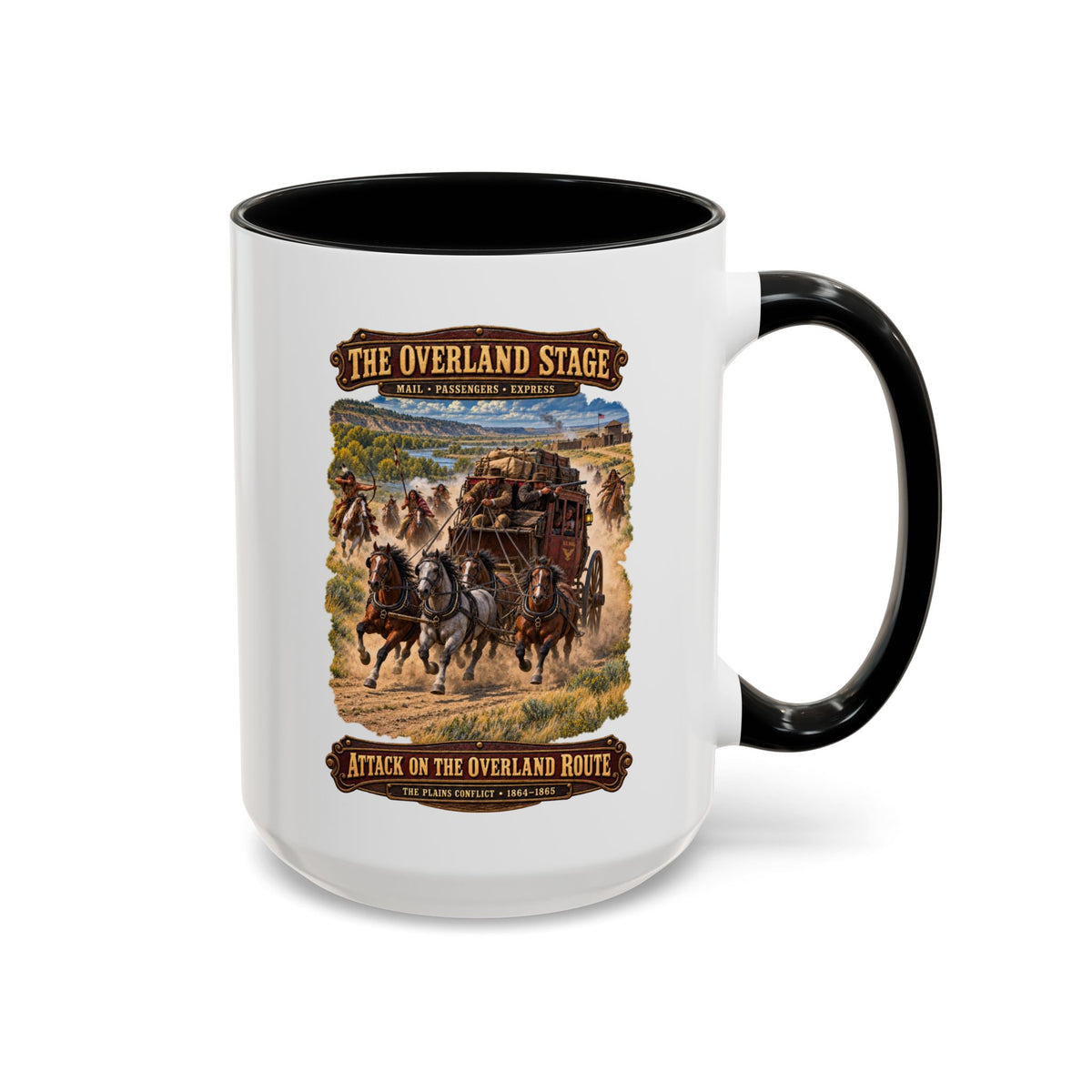 Accent Coffee Mug (11, 15oz) - Overland Stage - Indian Attack on the Trail - 3D - Enhanced