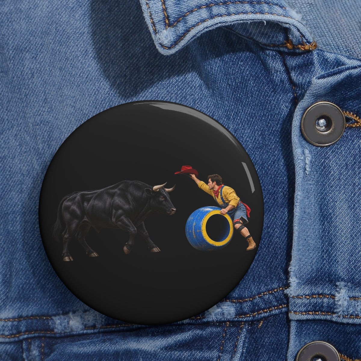 Custom Pin Buttons - Cowboys - Clown Teasing Bull, Barrel - 3D Transparent