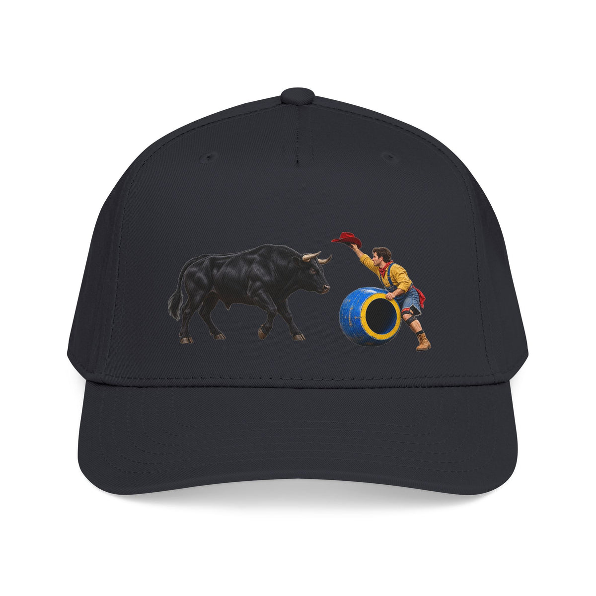 Mid Profile Baseball Cap — Cowboys - Clown Teasing Bull, Barrel - 3D Transparent