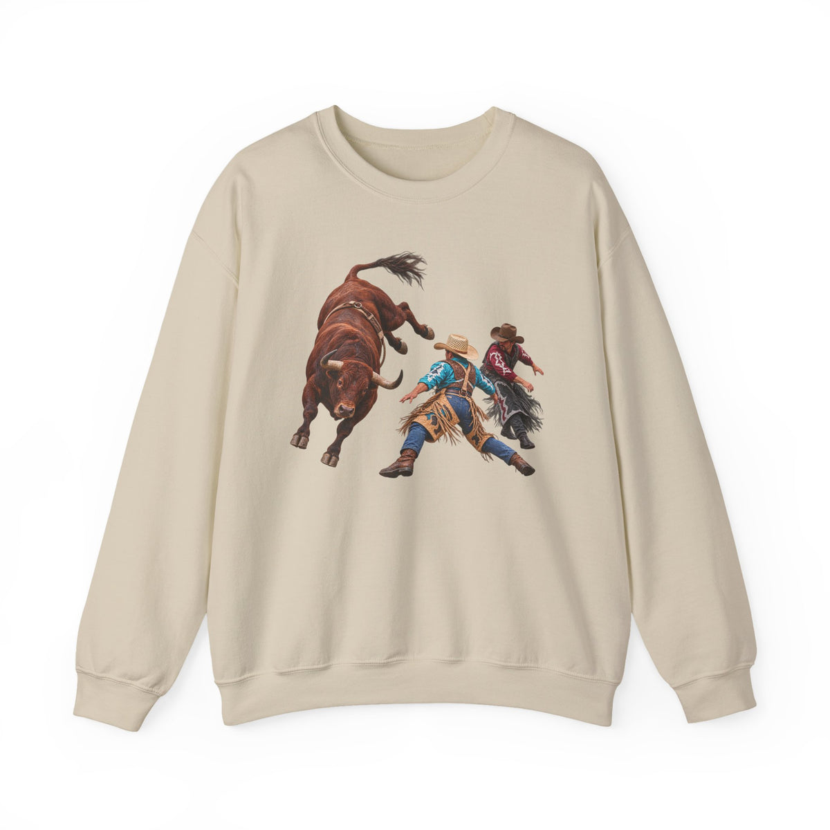 Crewneck Sweatshirt - Cowboys - Clowns and Brown Bull - without Text - 3D Transparent
