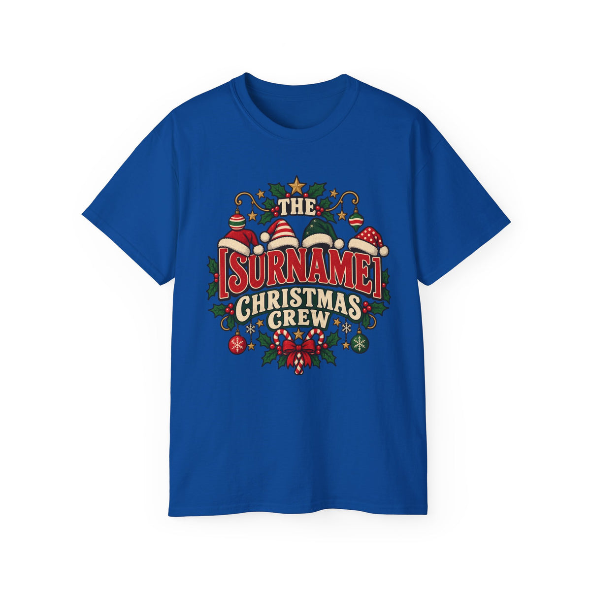 Unisex Ultra Cotton Tee - Retro Christmas Crew Crest with Santa Hats - Free Customization