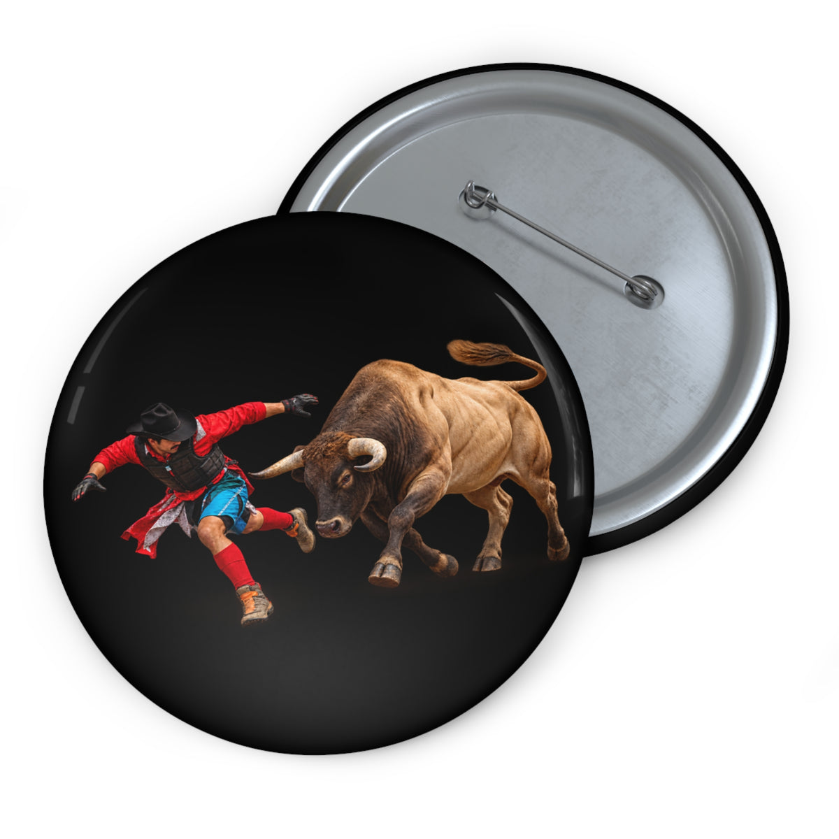 Custom Pin Buttons - Cowboys - Bull Chasing Clown - Ground Shadow - without Text - 3D Transparent
