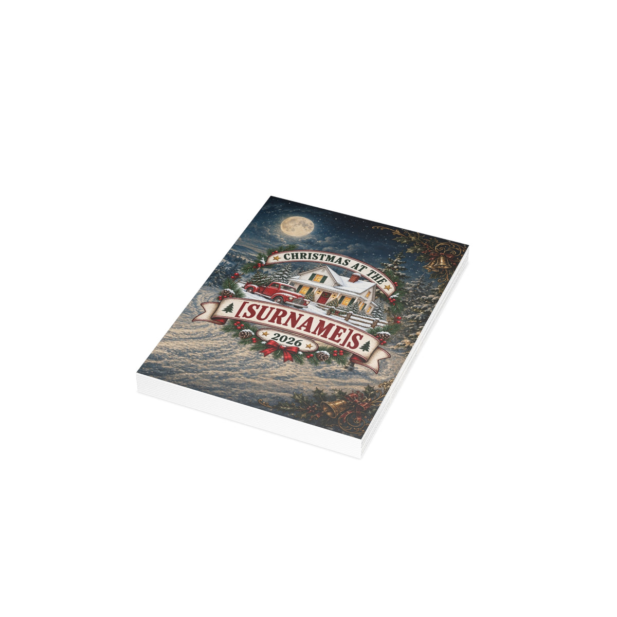 Personalized Christmas Cottage with Vintage Truck Greeting Card | Holiday Card 2026
