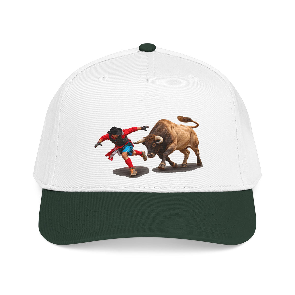 Mid Profile Baseball Cap — Cowboys - Bull Chasing Clown - Ground Shadow - without Text - 3D Transparent