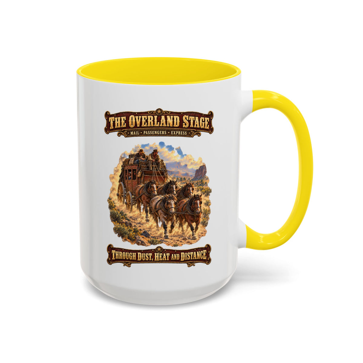 Accent Coffee Mug (11, 15oz) - Overland Stage - Dusty Trails - 3D - Enhanced