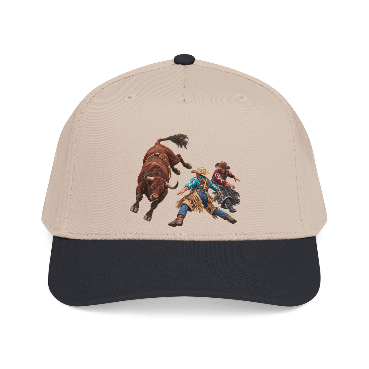 Mid Profile Baseball Cap — Cowboys - Clowns and Brown Bull - without Text - 3D Transparent