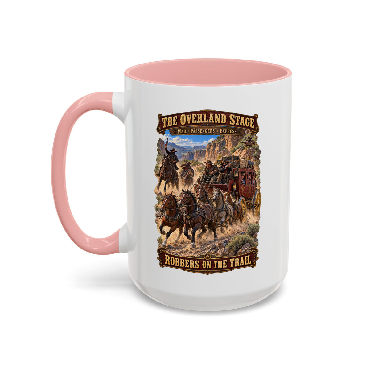 Accent Coffee Mug (11, 15oz) - Overland Stage - Robbers on the Trail - 3D - Enhanced