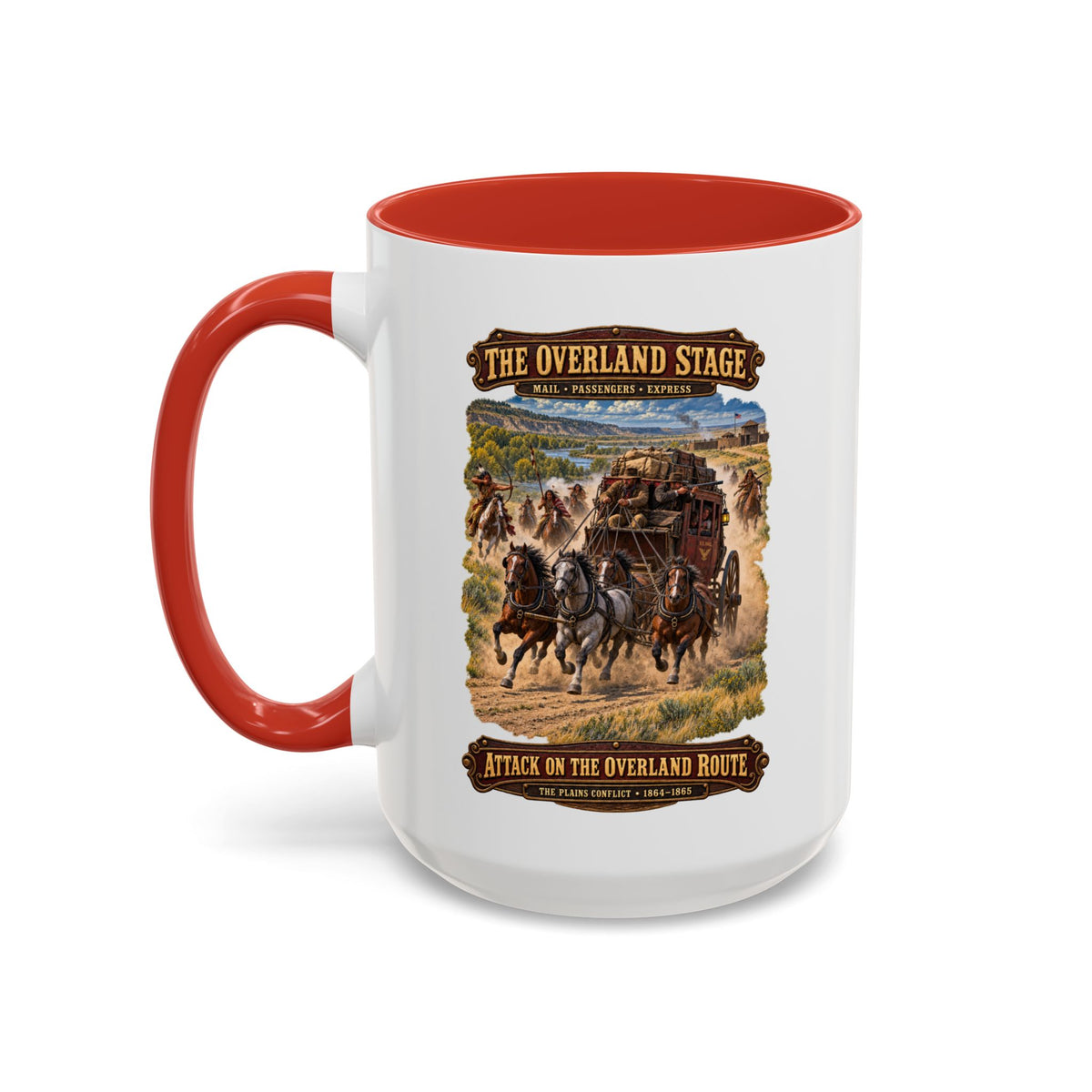 Accent Coffee Mug (11, 15oz) - Overland Stage - Indian Attack on the Trail - 3D - Enhanced