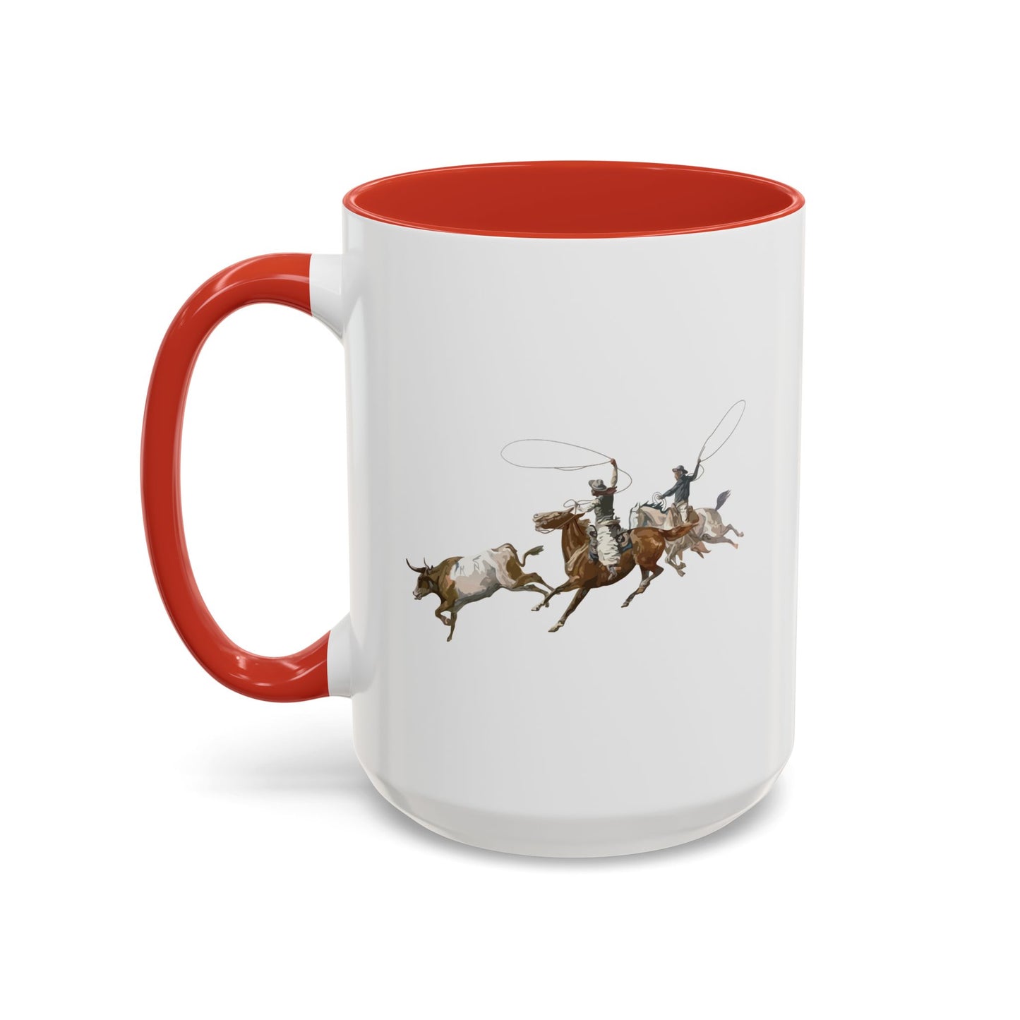 Accent Coffee Mug (11, 15oz) - 2 Cowboys Roping 1 Longhorn X 300
