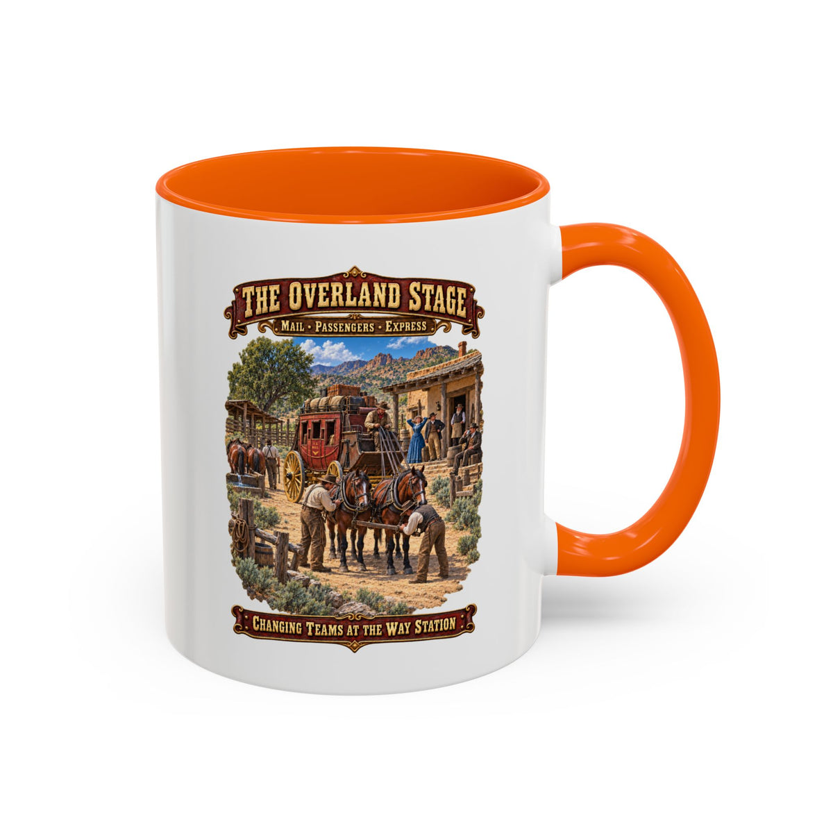 Accent Coffee Mug (11, 15oz) - Overland Stage - Changing Teams at the Way Station - 3D - Enhanced