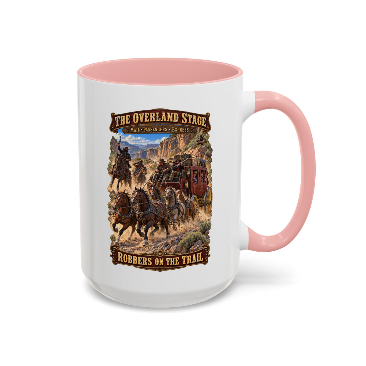 Accent Coffee Mug (11, 15oz) - Overland Stage - Robbers on the Trail - 3D - Enhanced