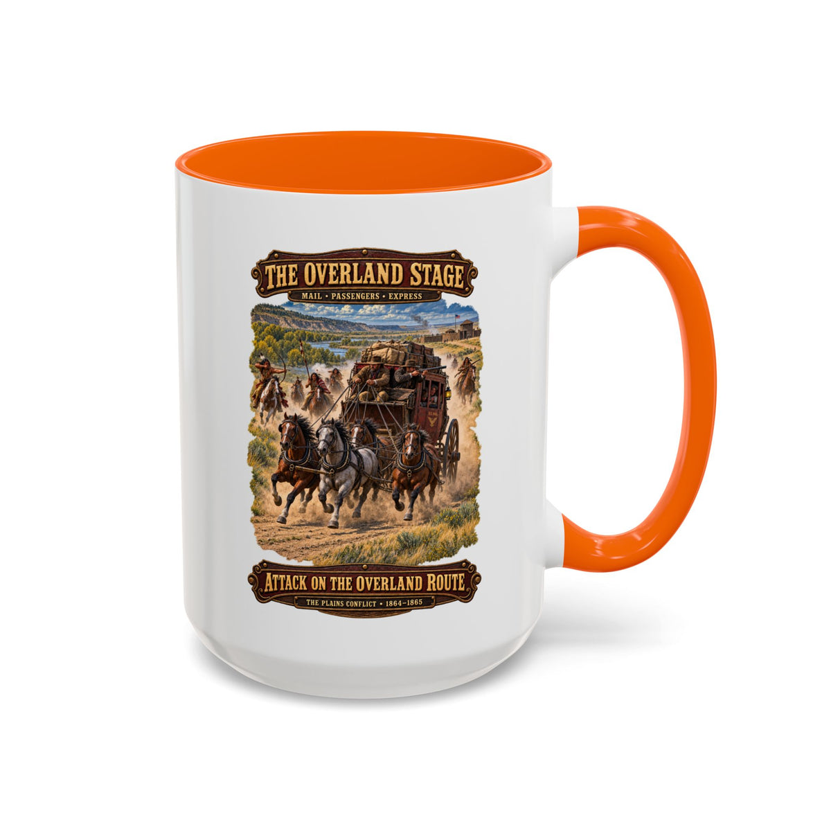 Accent Coffee Mug (11, 15oz) - Overland Stage - Indian Attack on the Trail - 3D - Enhanced