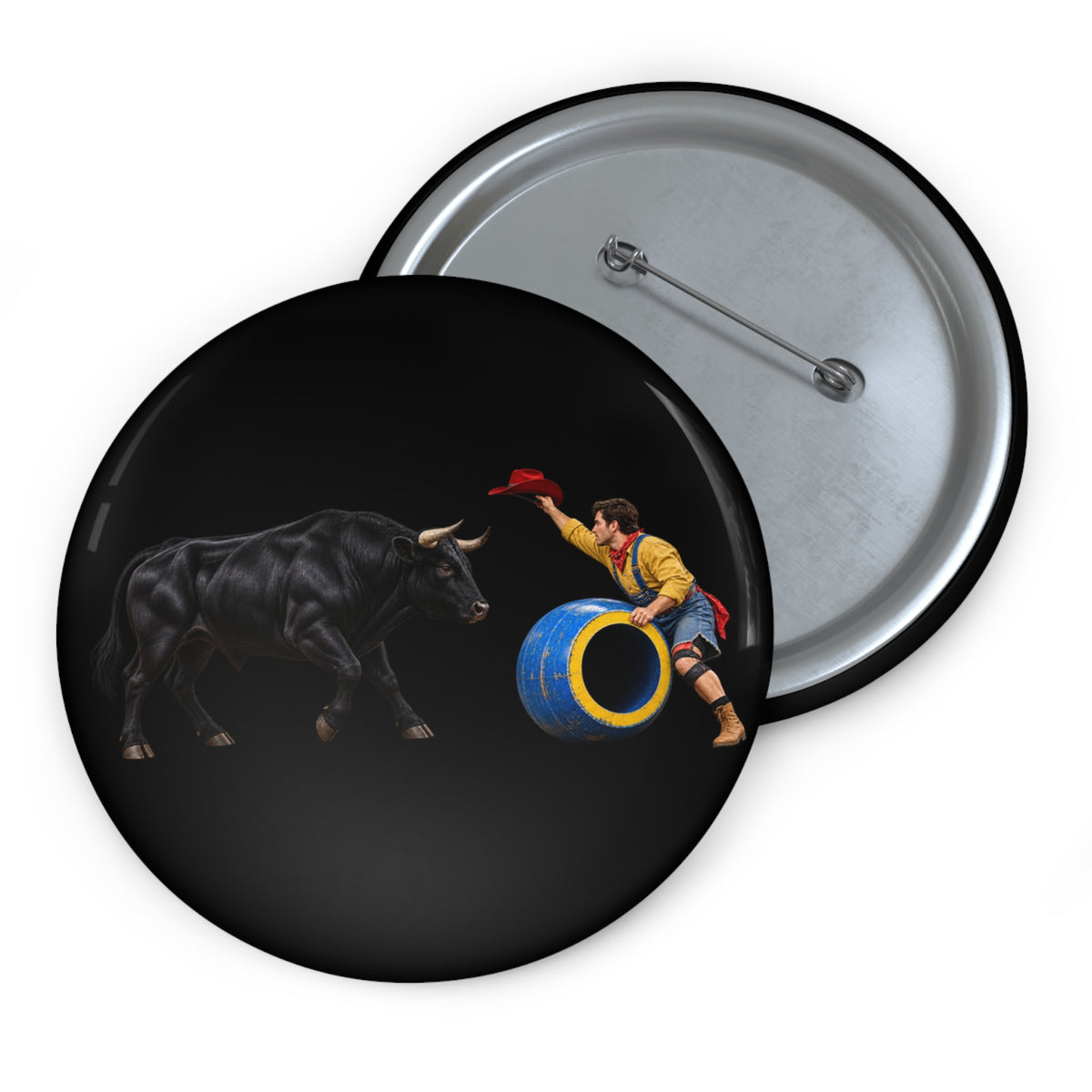Custom Pin Buttons - Cowboys - Clown Teasing Bull, Barrel - 3D Transparent