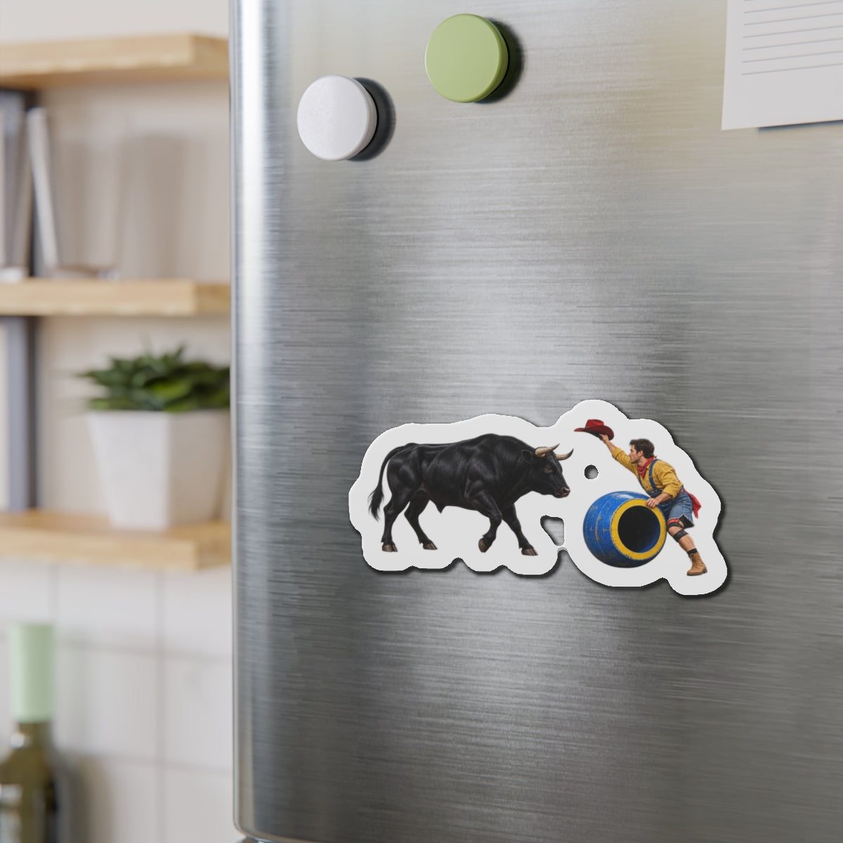 Die-Cut Magnets — Cowboys - Clown Teasing Bull, Barrel - 3D Transparent