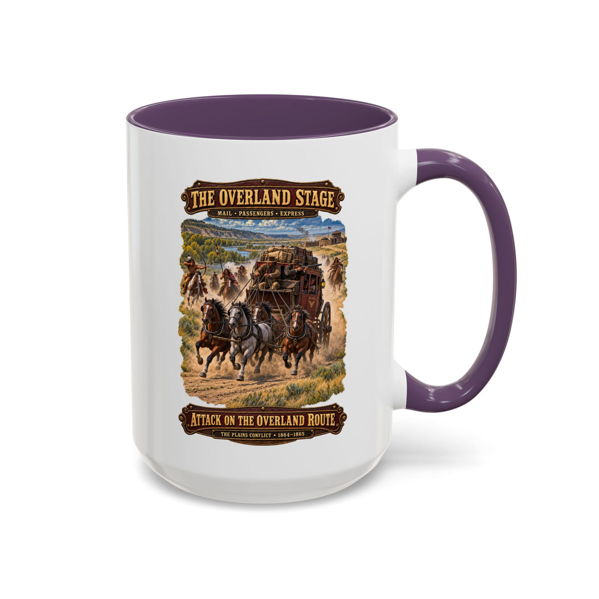 Accent Coffee Mug (11, 15oz) - Overland Stage - Indian Attack on the Trail - 3D - Enhanced