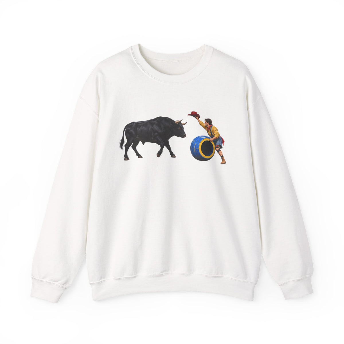 Crewneck Sweatshirt - Cowboys - Clown Teasing Bull, Barrel - 3D Transparent