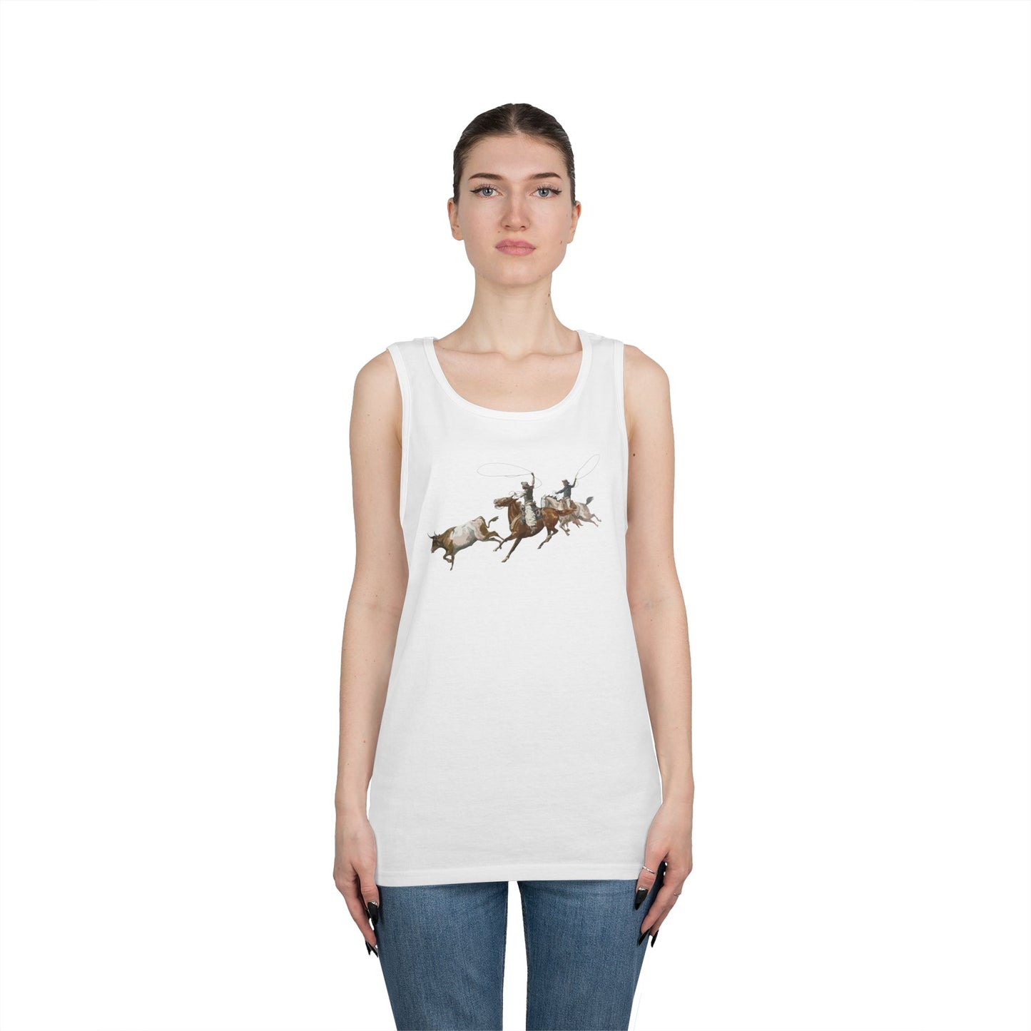 Unisex Heavy Cotton Tank Top - 2 Cowboys Roping 1 Longhorn X 300