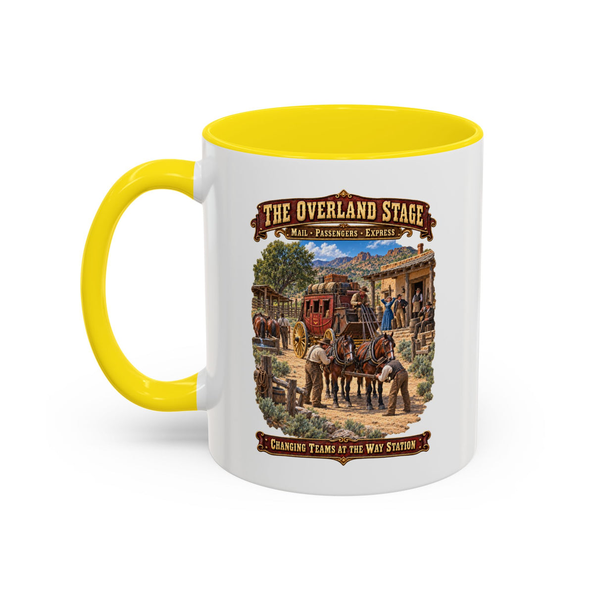 Accent Coffee Mug (11, 15oz) - Overland Stage - Changing Teams at the Way Station - 3D - Enhanced