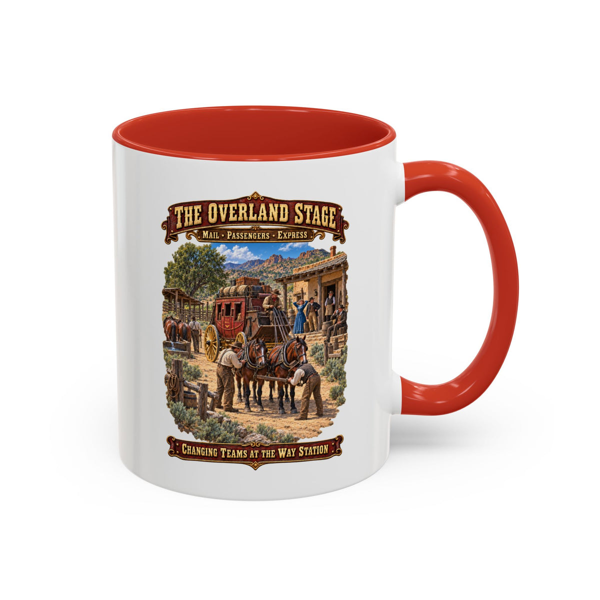 Accent Coffee Mug (11, 15oz) - Overland Stage - Changing Teams at the Way Station - 3D - Enhanced