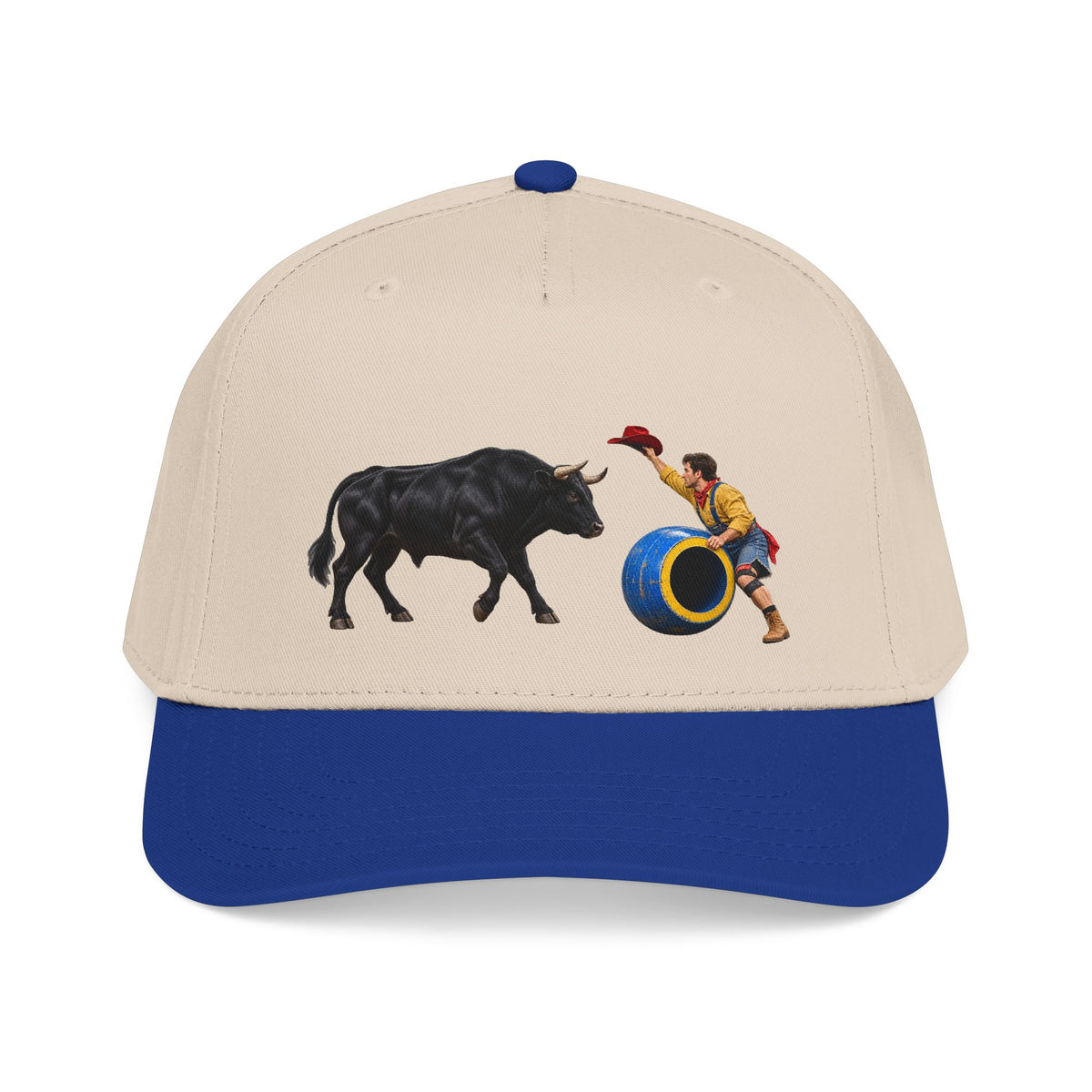Mid Profile Baseball Cap — Cowboys - Clown Teasing Bull, Barrel - 3D Transparent