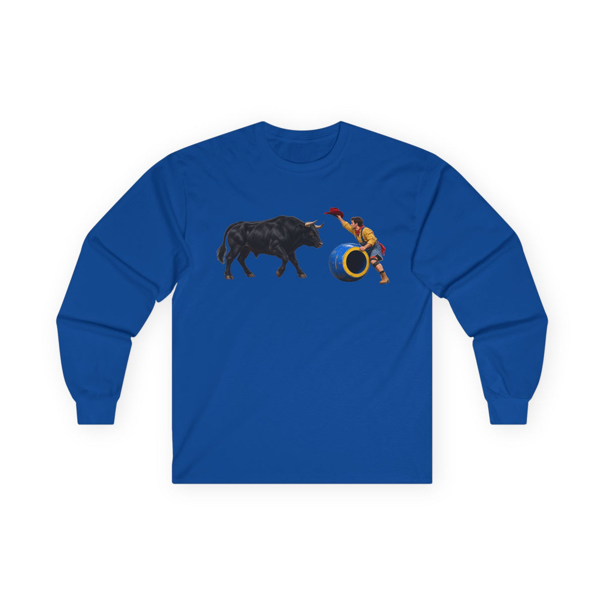 Unisex Ultra Cotton Long Sleeve Tee - Cowboys - Clown Teasing Bull, Barrel - 3D Transparent