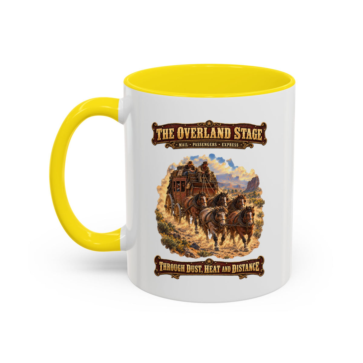 Accent Coffee Mug (11, 15oz) - Overland Stage - Dusty Trails - 3D - Enhanced