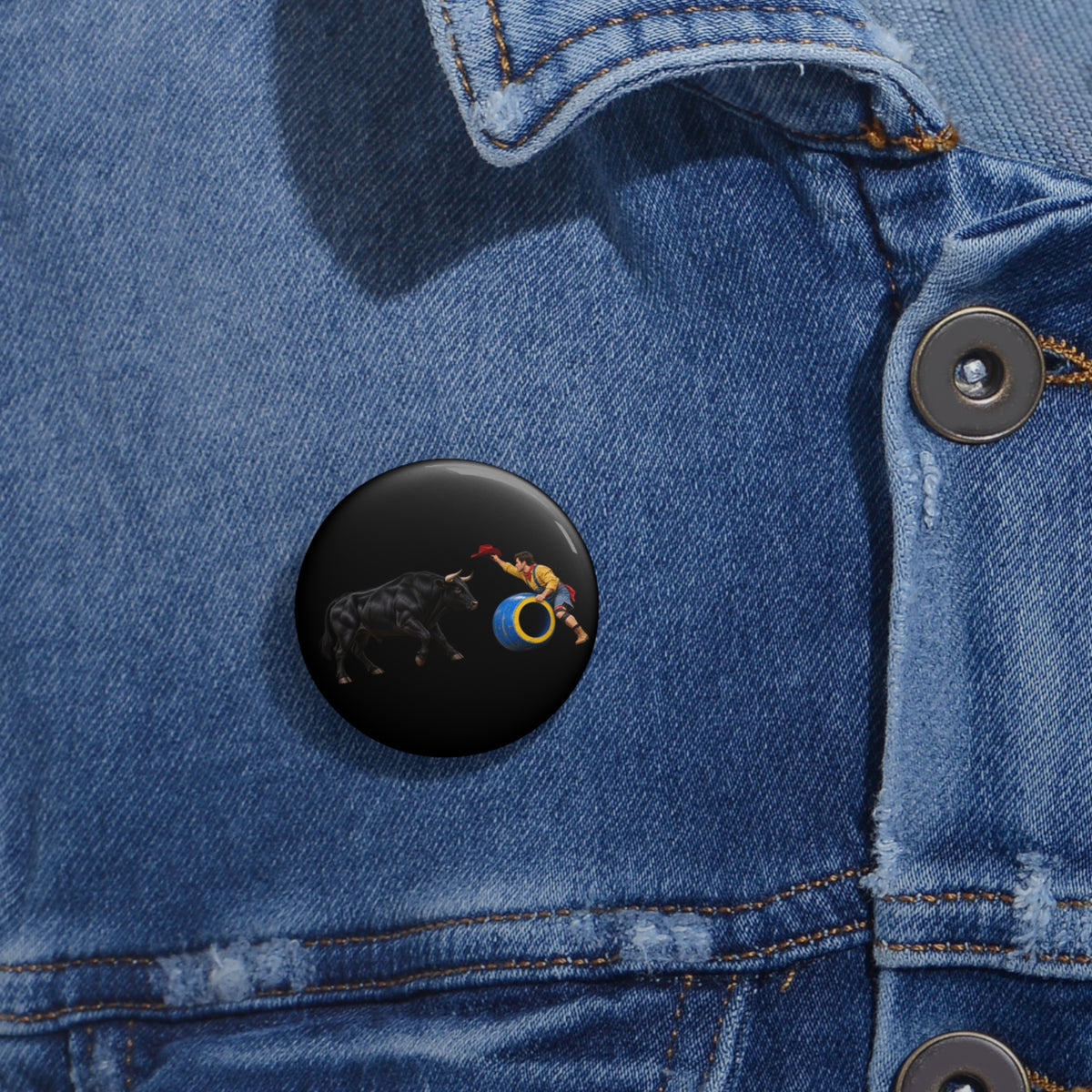 Custom Pin Buttons - Cowboys - Clown Teasing Bull, Barrel - 3D Transparent