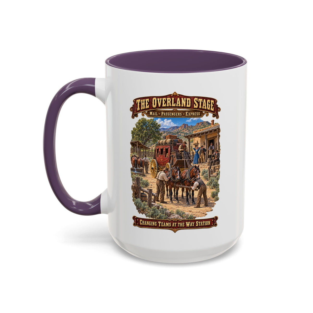 Accent Coffee Mug (11, 15oz) - Overland Stage - Changing Teams at the Way Station - 3D - Enhanced