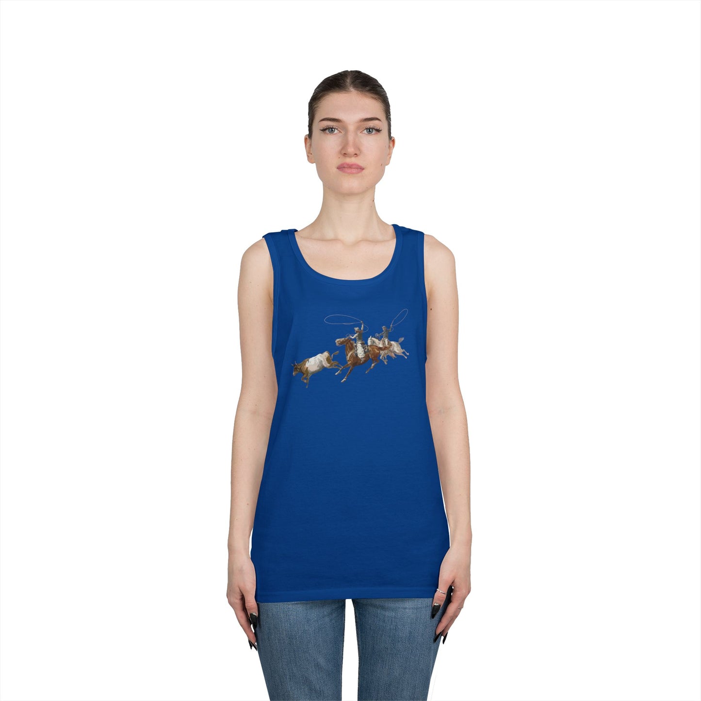 Unisex Heavy Cotton Tank Top - 2 Cowboys Roping 1 Longhorn X 300