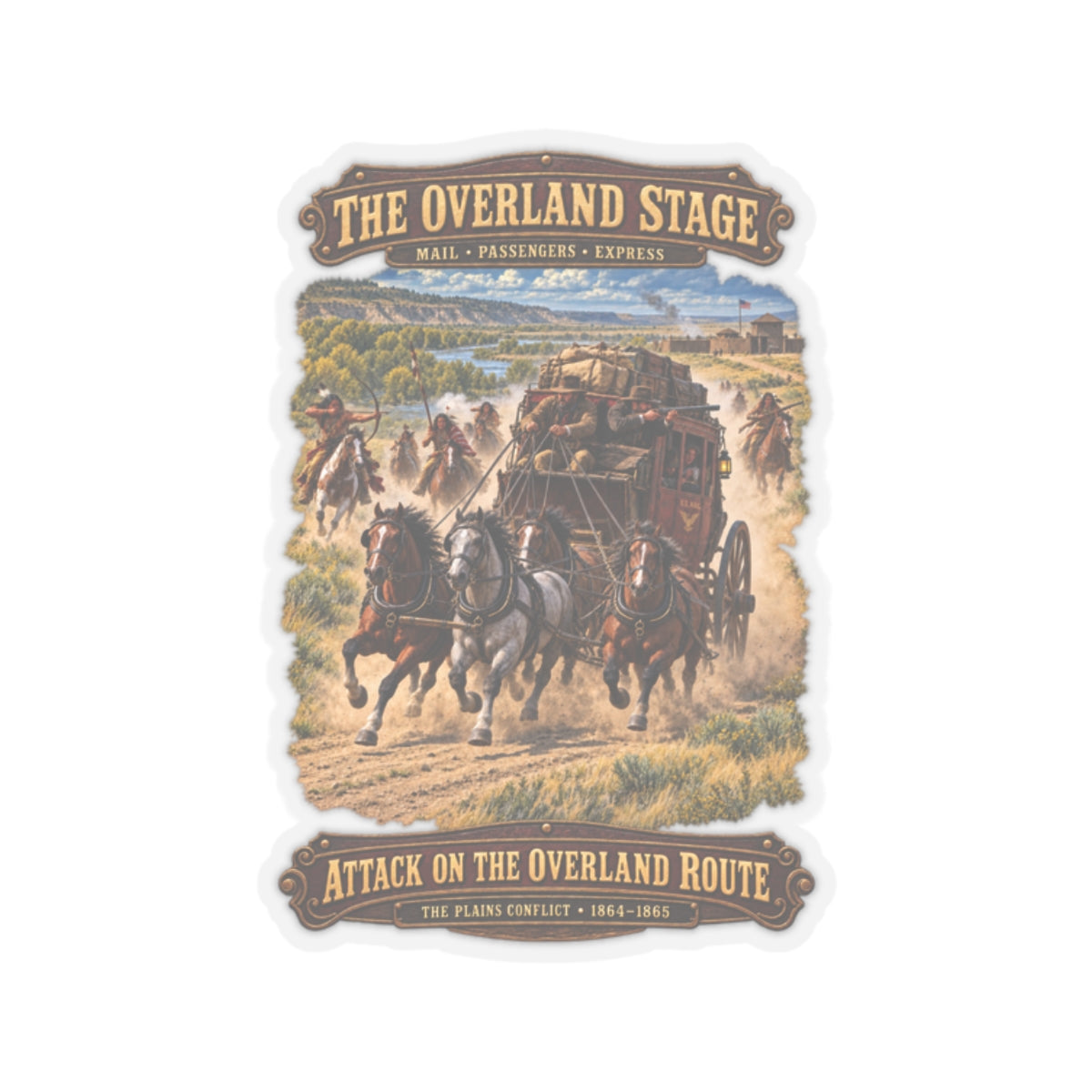 Kiss-Cut Sticker - Overland Stage - Indian Attack on the Trail - 3D - Enhanced