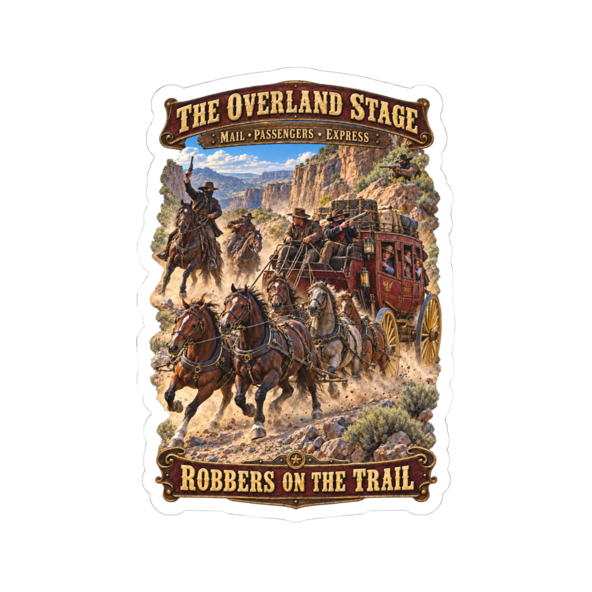 Kiss-Cut Sticker - Overland Stage - Robbers on the Trail - 3D - Enhanced