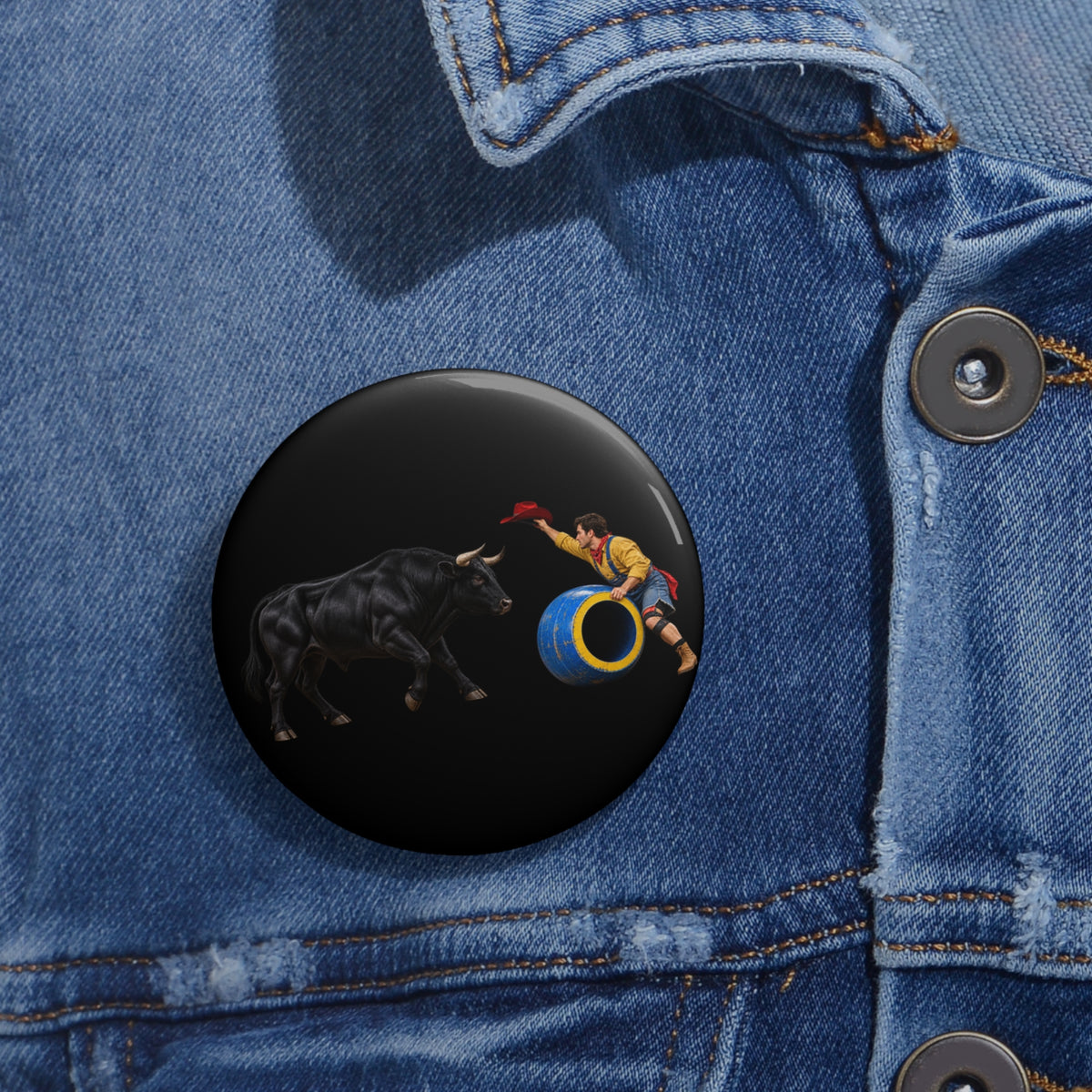 Custom Pin Buttons - Cowboys - Clown Teasing Bull, Barrel - 3D Transparent