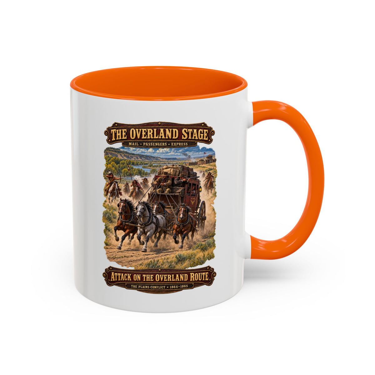 Accent Coffee Mug (11, 15oz) - Overland Stage - Indian Attack on the Trail - 3D - Enhanced