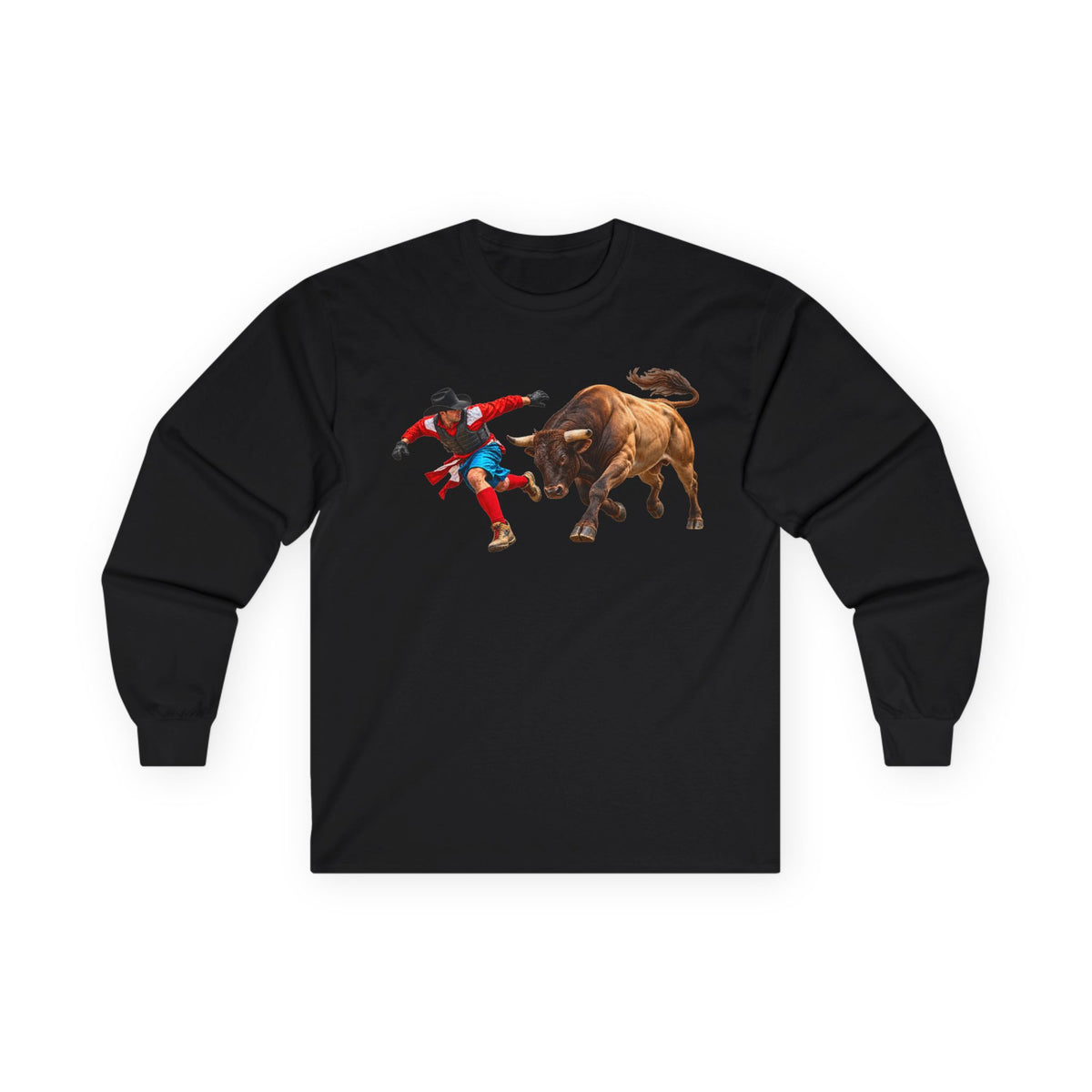 Unisex Ultra Cotton Long Sleeve Tee - Cowboys - Bull Chasing Clown - without Text - 3D Transparent