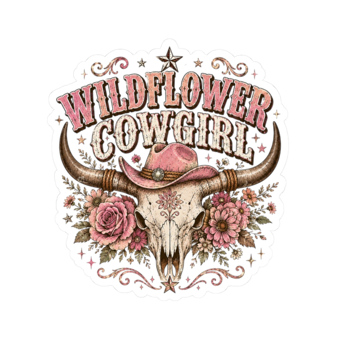 Kiss-Cut Sticker — Wildflower cowgirl with rustic charm