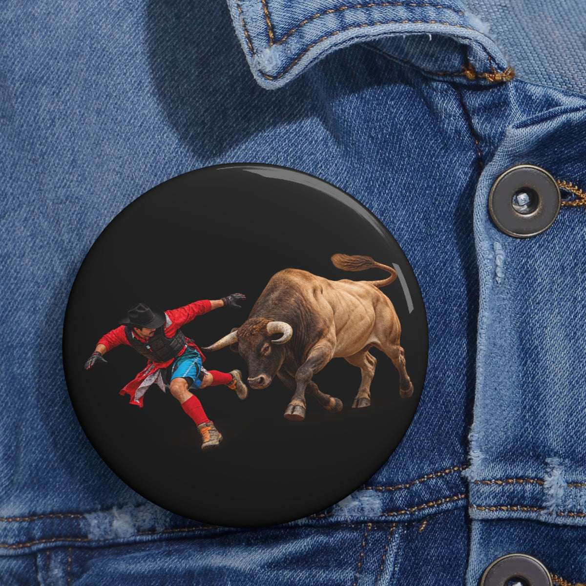 Custom Pin Buttons - Cowboys - Bull Chasing Clown - Ground Shadow - without Text - 3D Transparent