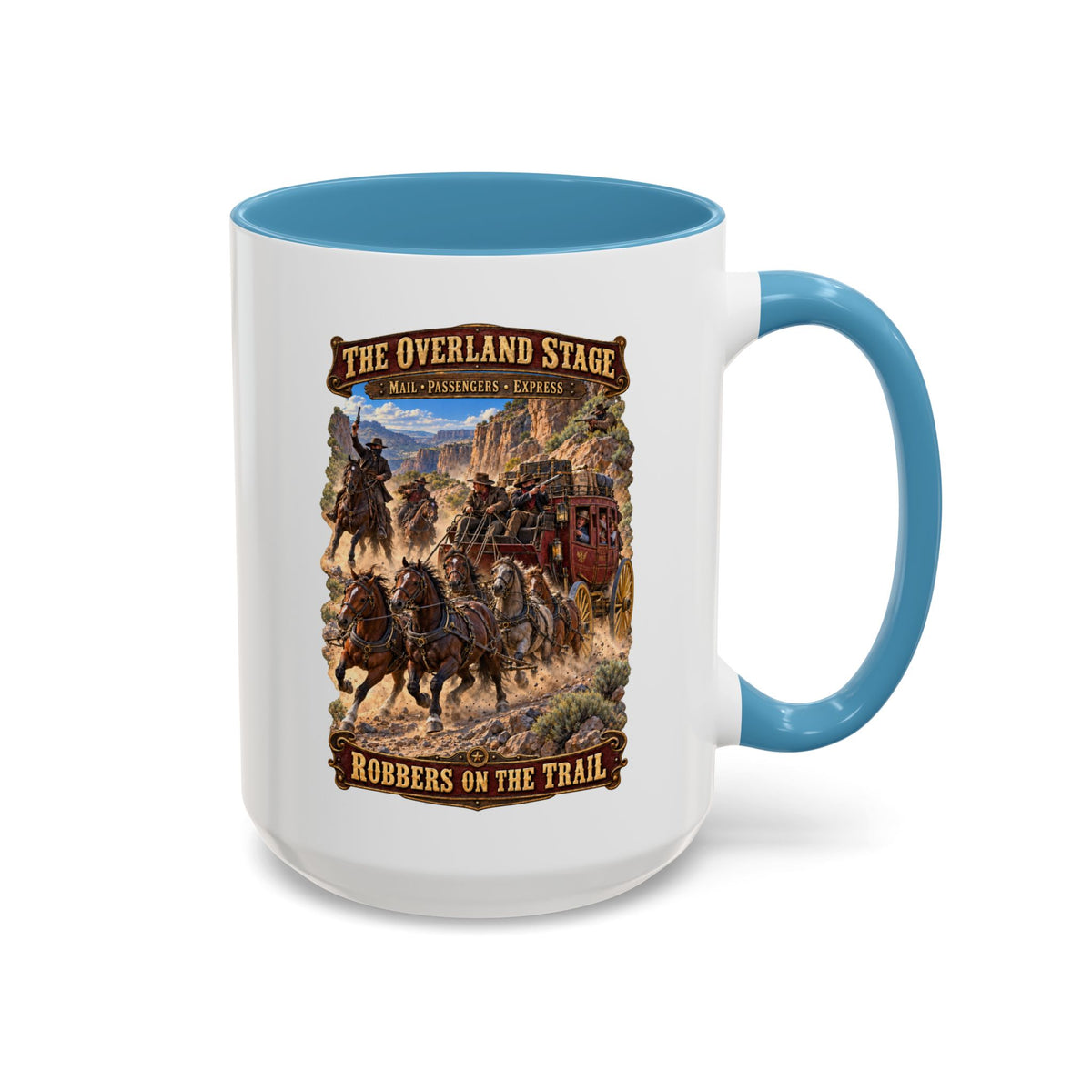 Accent Coffee Mug (11, 15oz) - Overland Stage - Robbers on the Trail - 3D - Enhanced