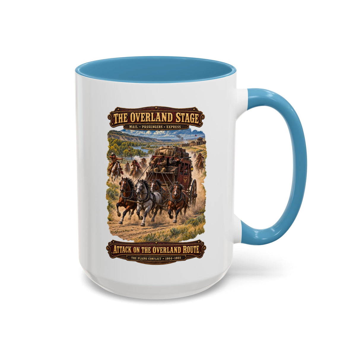 Accent Coffee Mug (11, 15oz) - Overland Stage - Indian Attack on the Trail - 3D - Enhanced