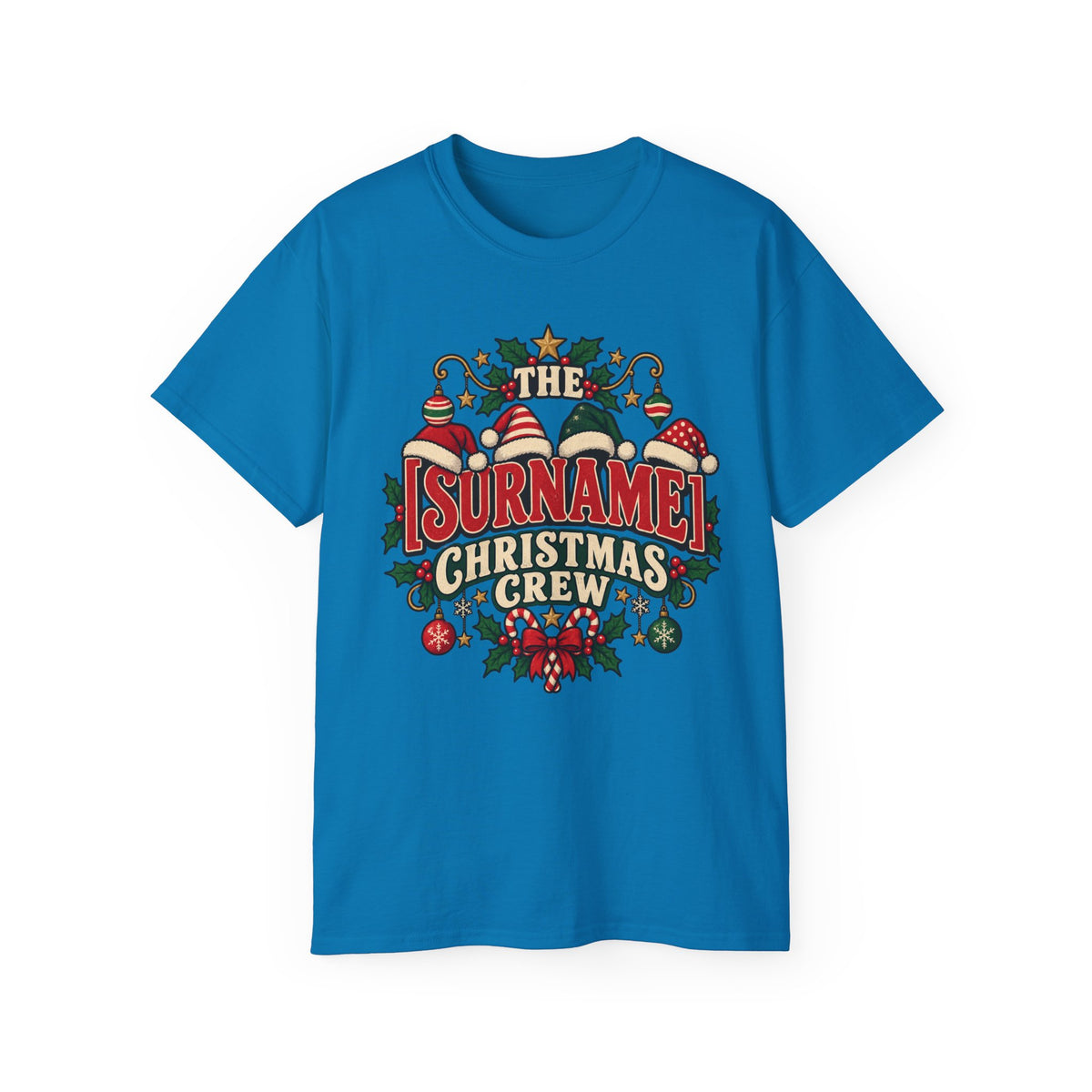 Unisex Ultra Cotton Tee - Retro Christmas Crew Crest with Santa Hats - Free Customization
