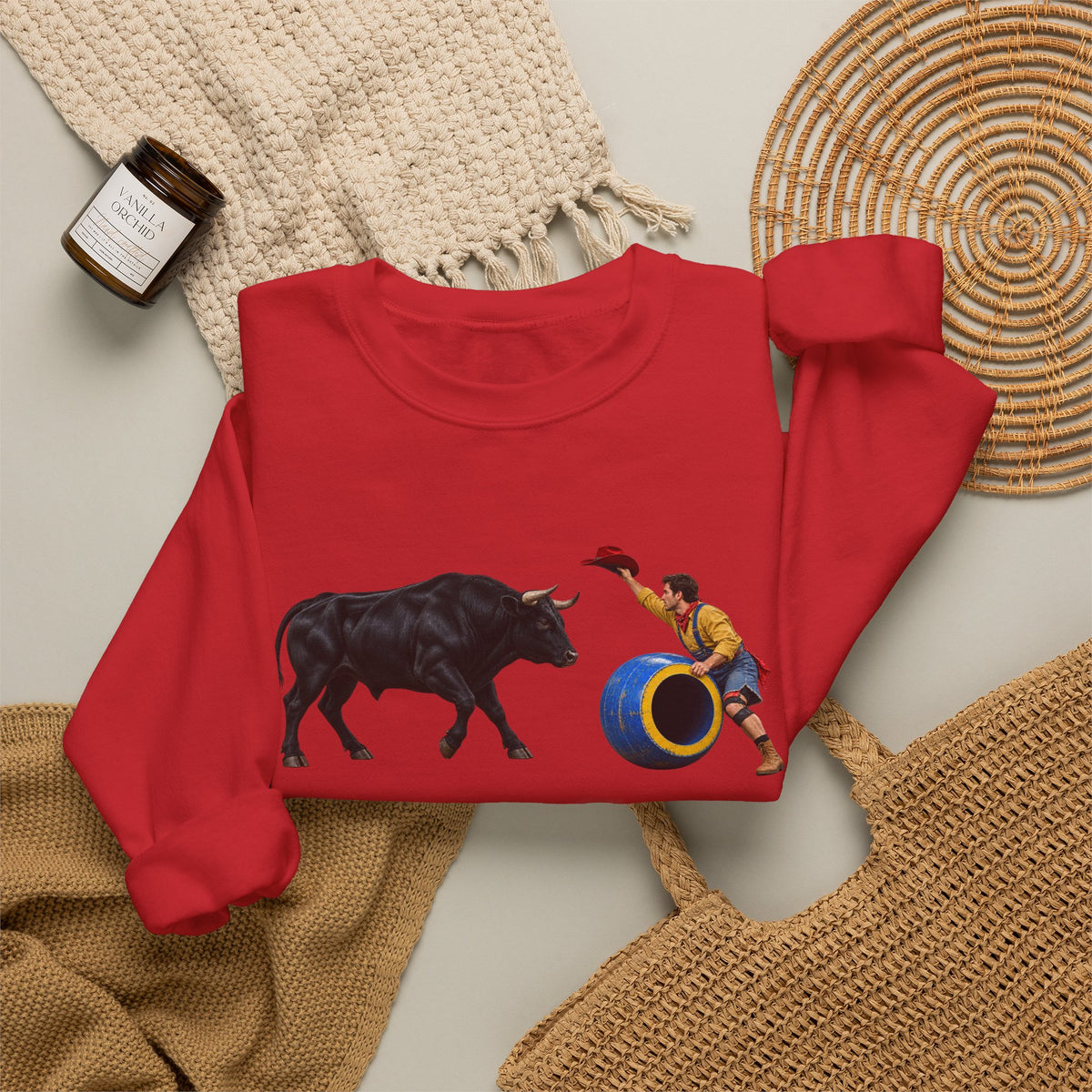 Crewneck Sweatshirt - Cowboys - Clown Teasing Bull, Barrel - 3D Transparent