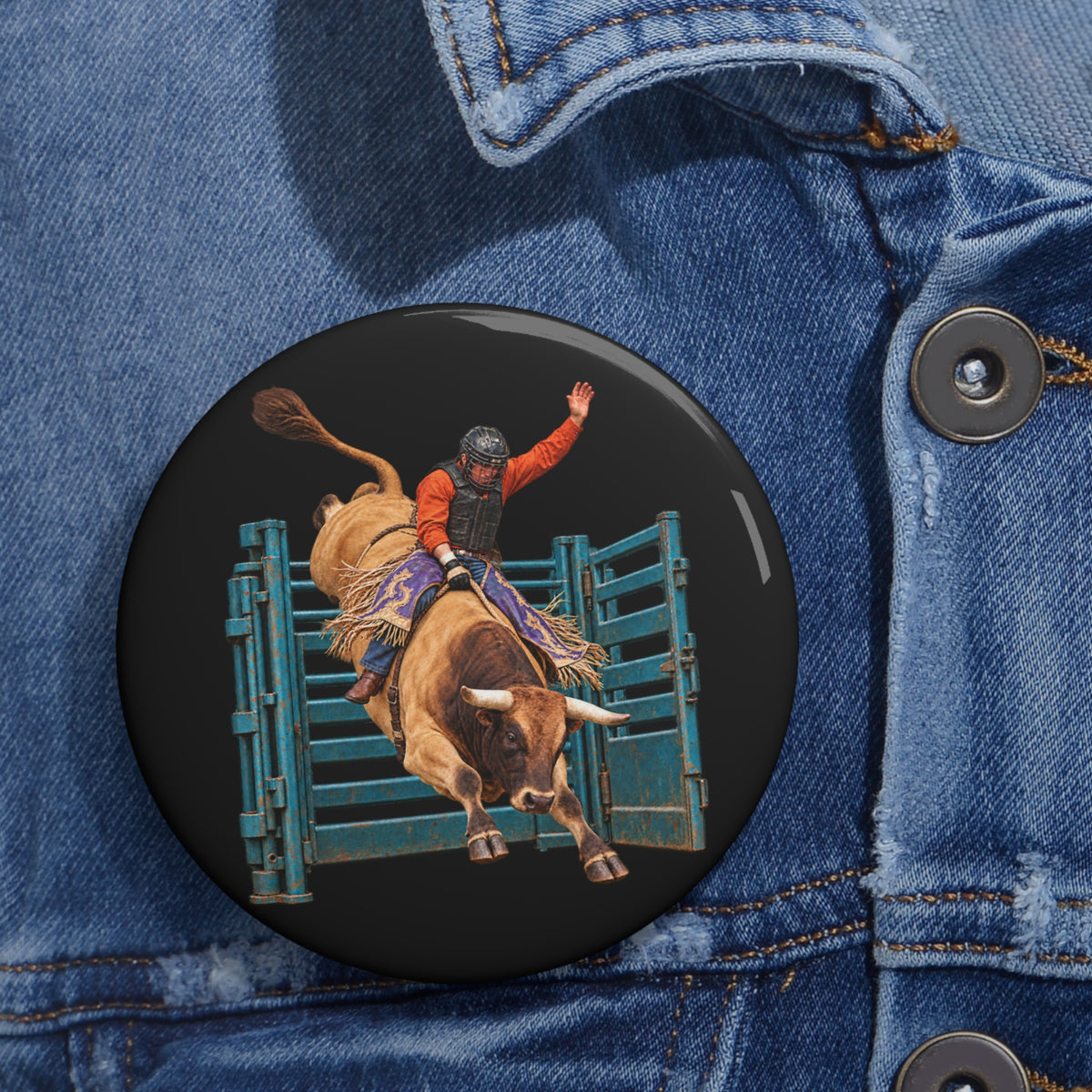 Custom Pin Buttons - Cowboys - Bull Rider - Out of the Chute - without Text - 3D Transparent