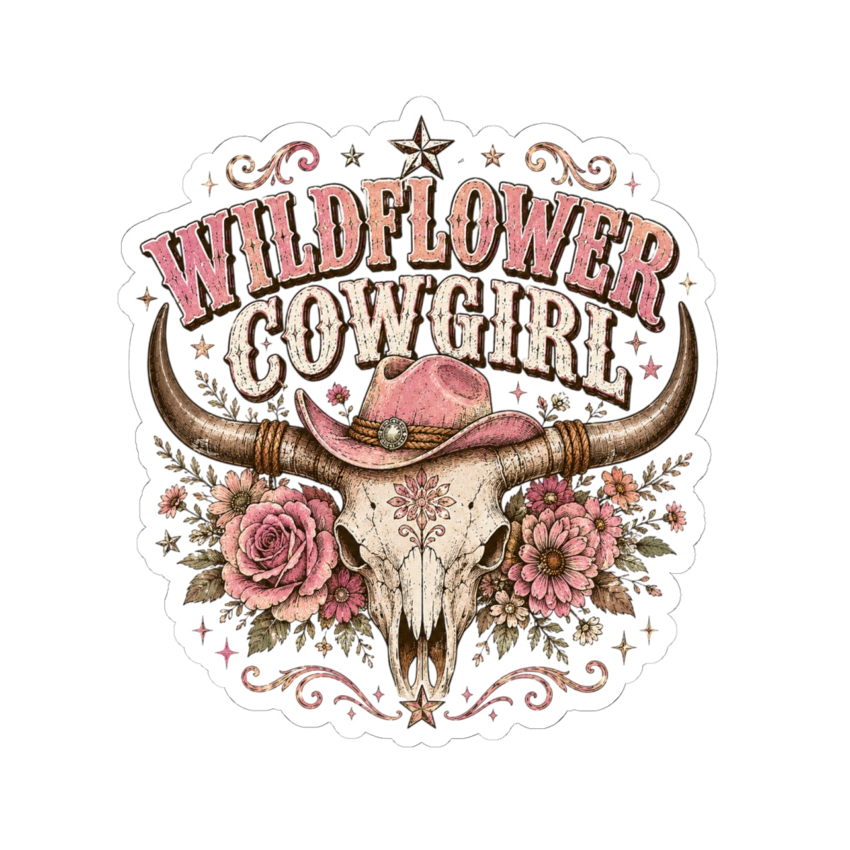 Kiss-Cut Sticker — Wildflower cowgirl with rustic charm